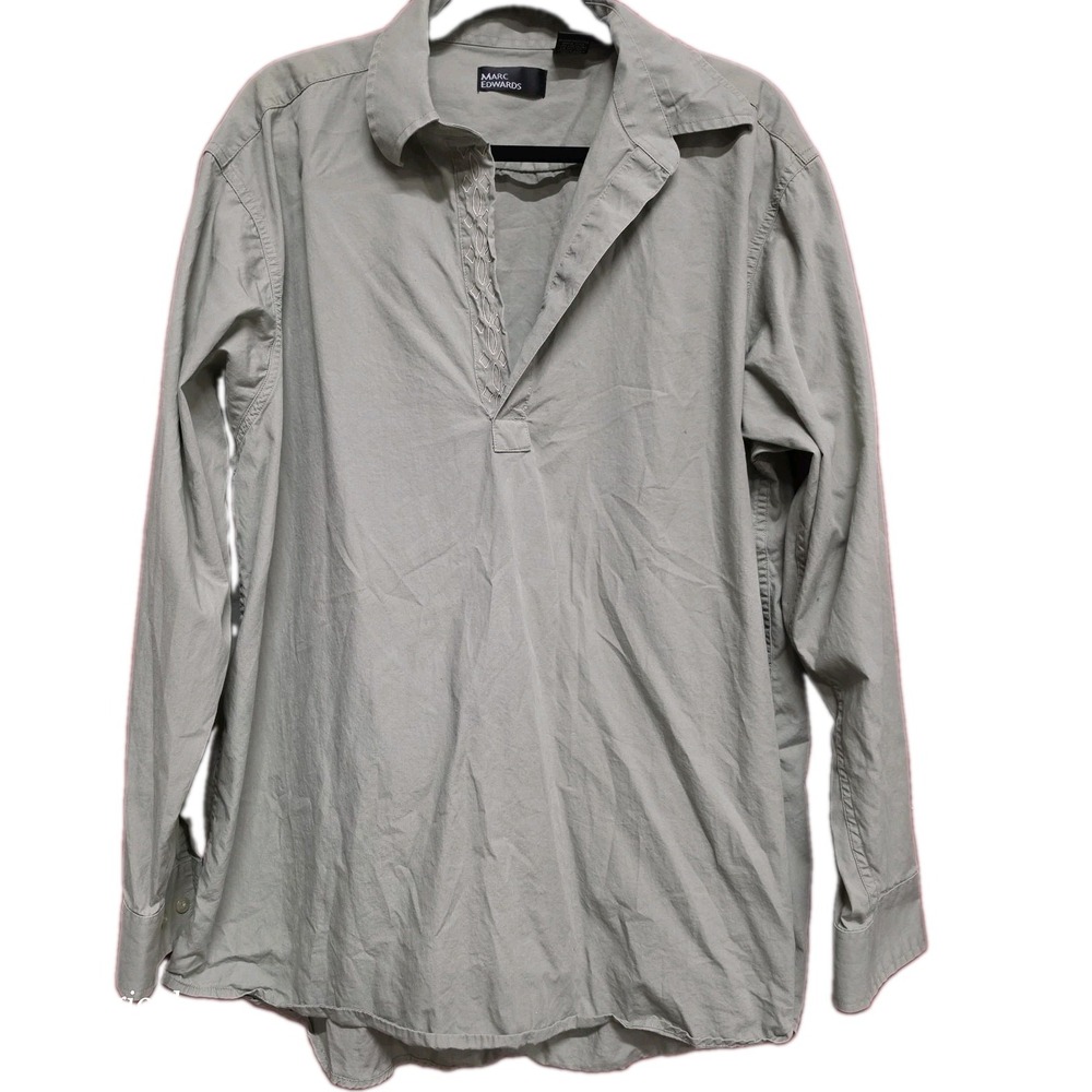 Marc Edwards Womens 100% Cotton  L Tan V-Neck Popover Shirt Blouse Embroidery
